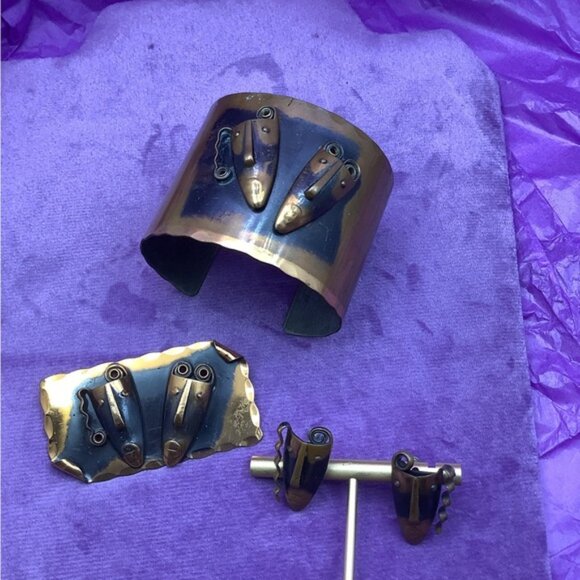 Vintage FRANCISCO REBAJES Brooch Earrings And Cuff Bracelet Copper - Picture 2 of 6